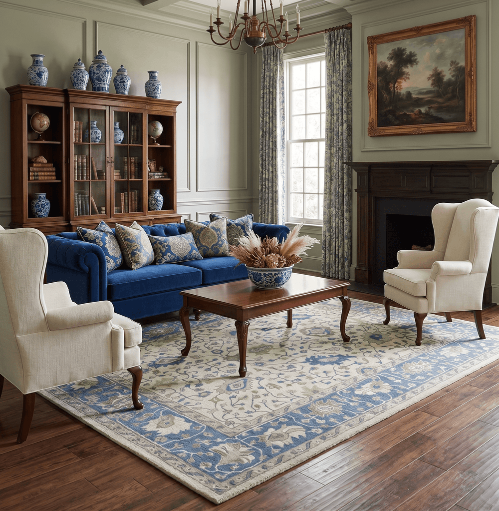 Floral 8x10 Hand Tufted Beige and Blue Modern Oushak Rug - The Rug Decor