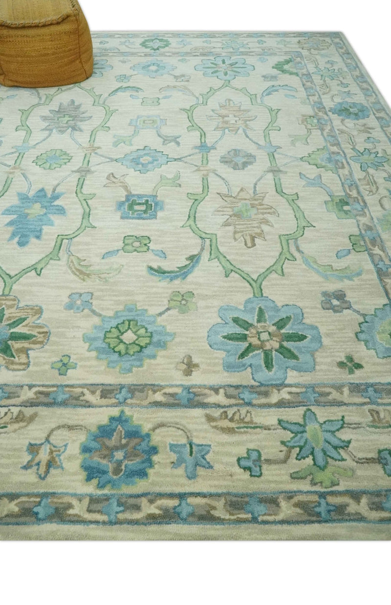 Floral Beige, Gray, Blue and Green Oriental Oushak Hand Tufted Custom Made wool Area rug - The Rug Decor