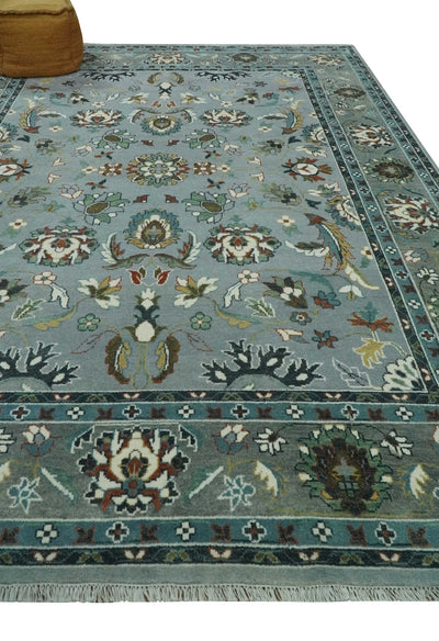 Floral Gray, Ivory, Brown and Green Hand Knotted Traditional Oushak 9x12 wool Rug - The Rug Decor