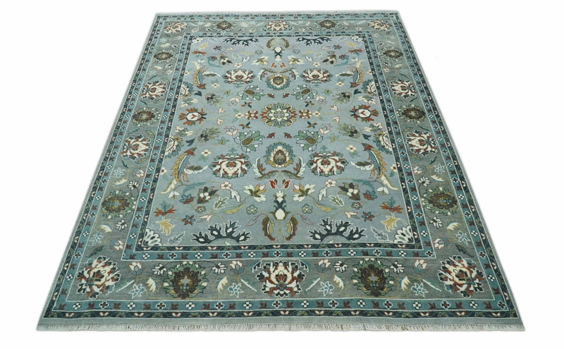 Floral Gray, Ivory, Brown and Green Hand Knotted Traditional Oushak 9x12 wool Rug - The Rug Decor