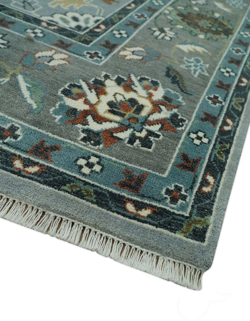 Floral Gray, Ivory, Brown and Green Hand Knotted Traditional Oushak 9x12 wool Rug - The Rug Decor