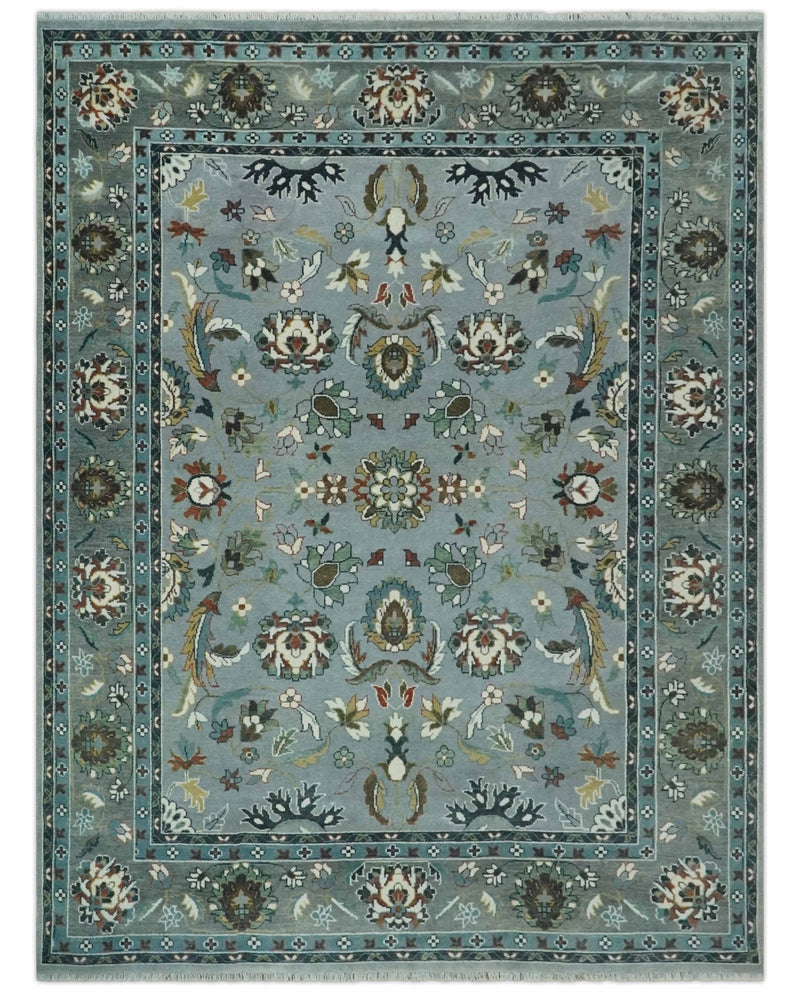 Floral Gray, Ivory, Brown and Green Hand Knotted Traditional Oushak 9x12 wool Rug - The Rug Decor