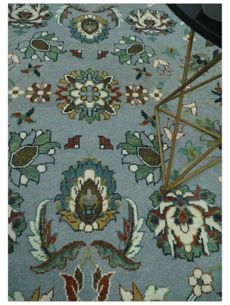 Floral Gray, Ivory, Brown and Green Hand Knotted Traditional Oushak 9x12 wool Rug - The Rug Decor