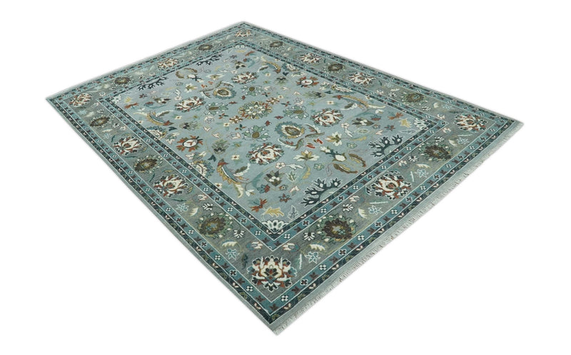 Floral Gray, Ivory, Brown and Green Hand Knotted Traditional Oushak 9x12 wool Rug - The Rug Decor