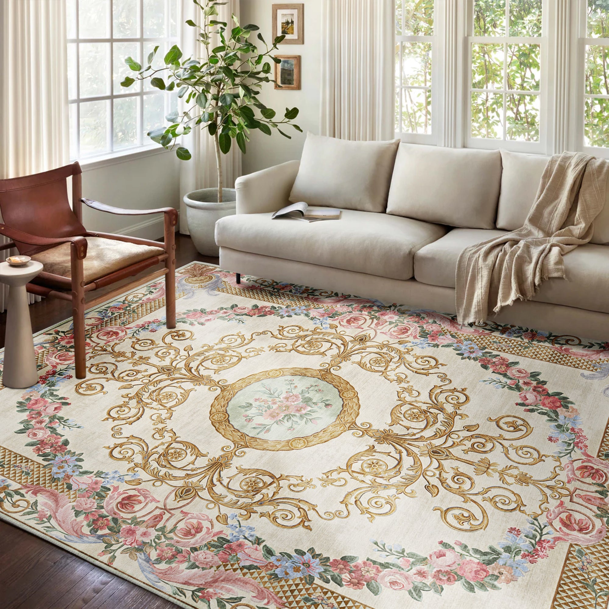 French Aubusson Inspired Beige Machine Washable Cotton Area Rug