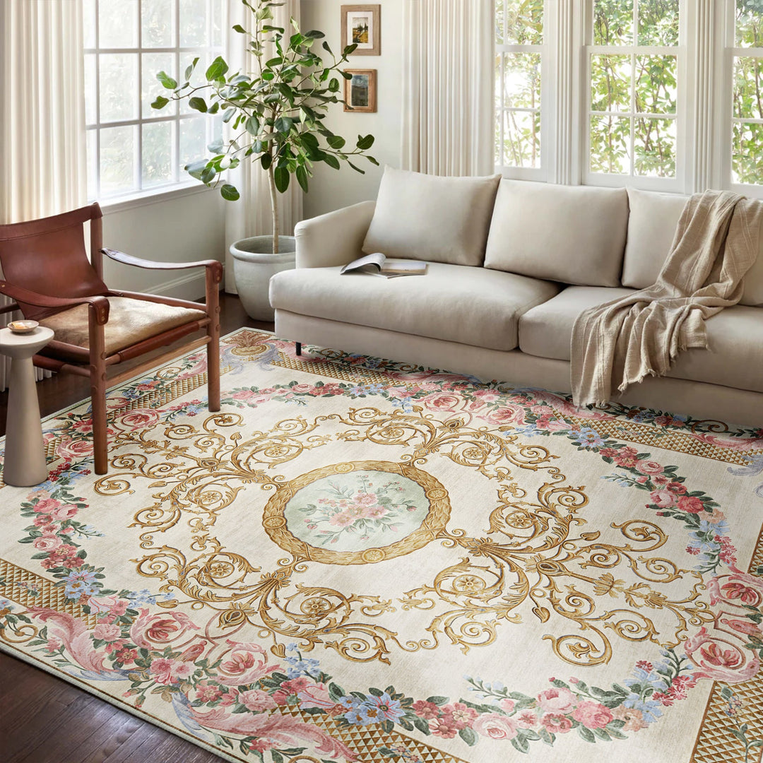 French Aubusson Inspired Beige Machine Washable Cotton Area Rug - The Rug Decor