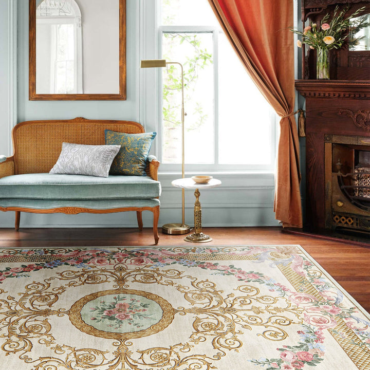 French Aubusson Inspired Beige Machine Washable Cotton Area Rug - The Rug Decor