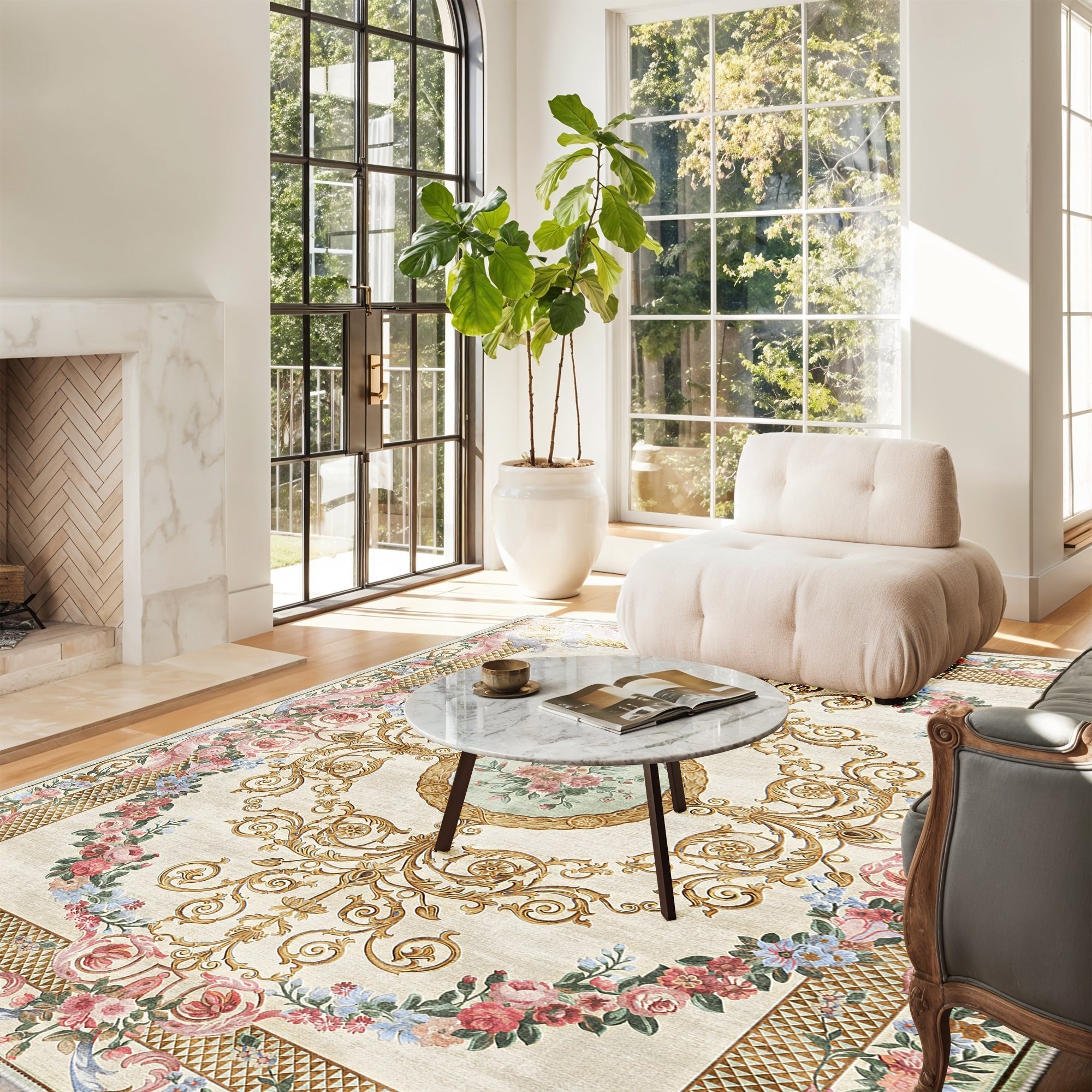 French Aubusson Inspired Beige Machine Washable Cotton Area Rug