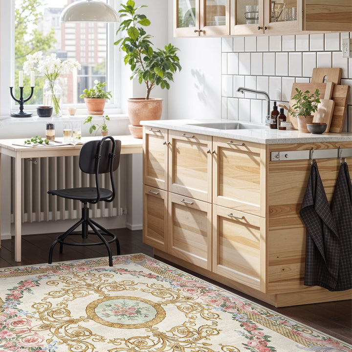 French Aubusson Inspired Beige Machine Washable Cotton Area Rug - The Rug Decor