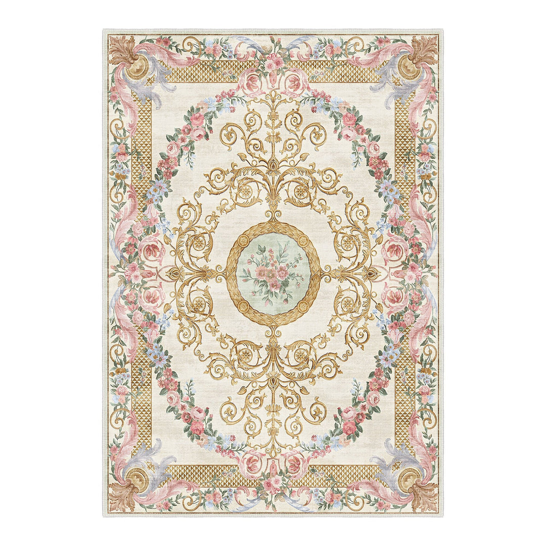French Aubusson Inspired Beige Machine Washable Cotton Area Rug - The Rug Decor
