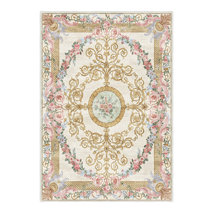 French Aubusson Inspired Beige Machine Washable Cotton Area Rug - The Rug Decor