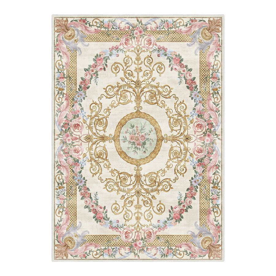 French Aubusson Inspired Beige Machine Washable Cotton Area Rug - The Rug Decor