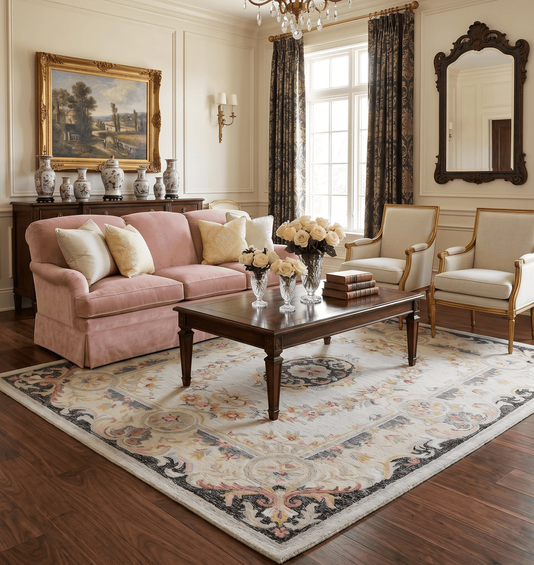 French Design Aubusson Custom Made Ivory, Light Green and Charcoal Hand Tufted wool Area Rug - The Rug Decor