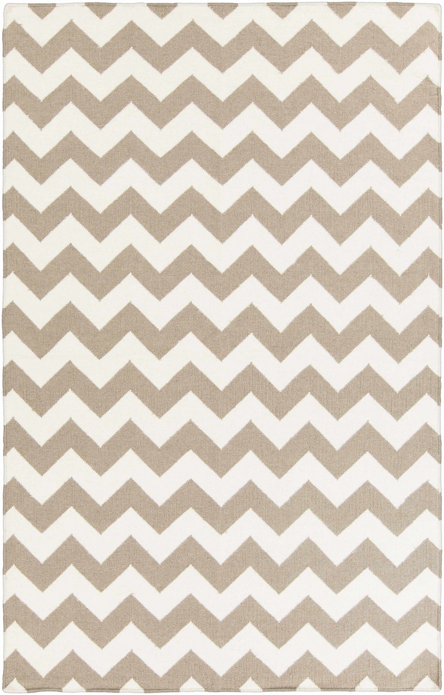 Hand-woven chevron area rug in taupe and ivory, flat weave with zigzag pattern.