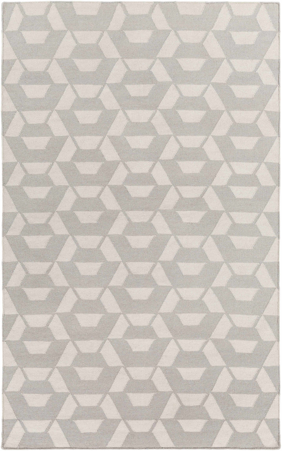 Gray and ivory geometric area rug with interlocking hexagon pattern, flatweave.