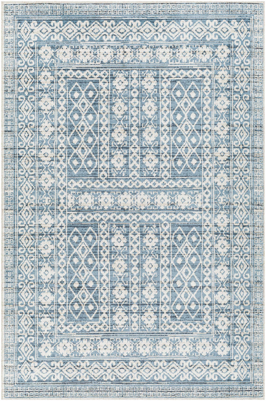 Washable area rug with ivory and blue geometric medallion border pattern