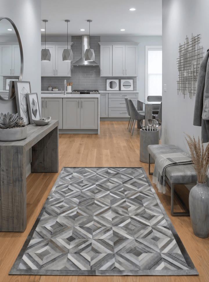 Genuine Leather Geometrical Design Handmade Silver and Gray Area Rug - The Rug Decor