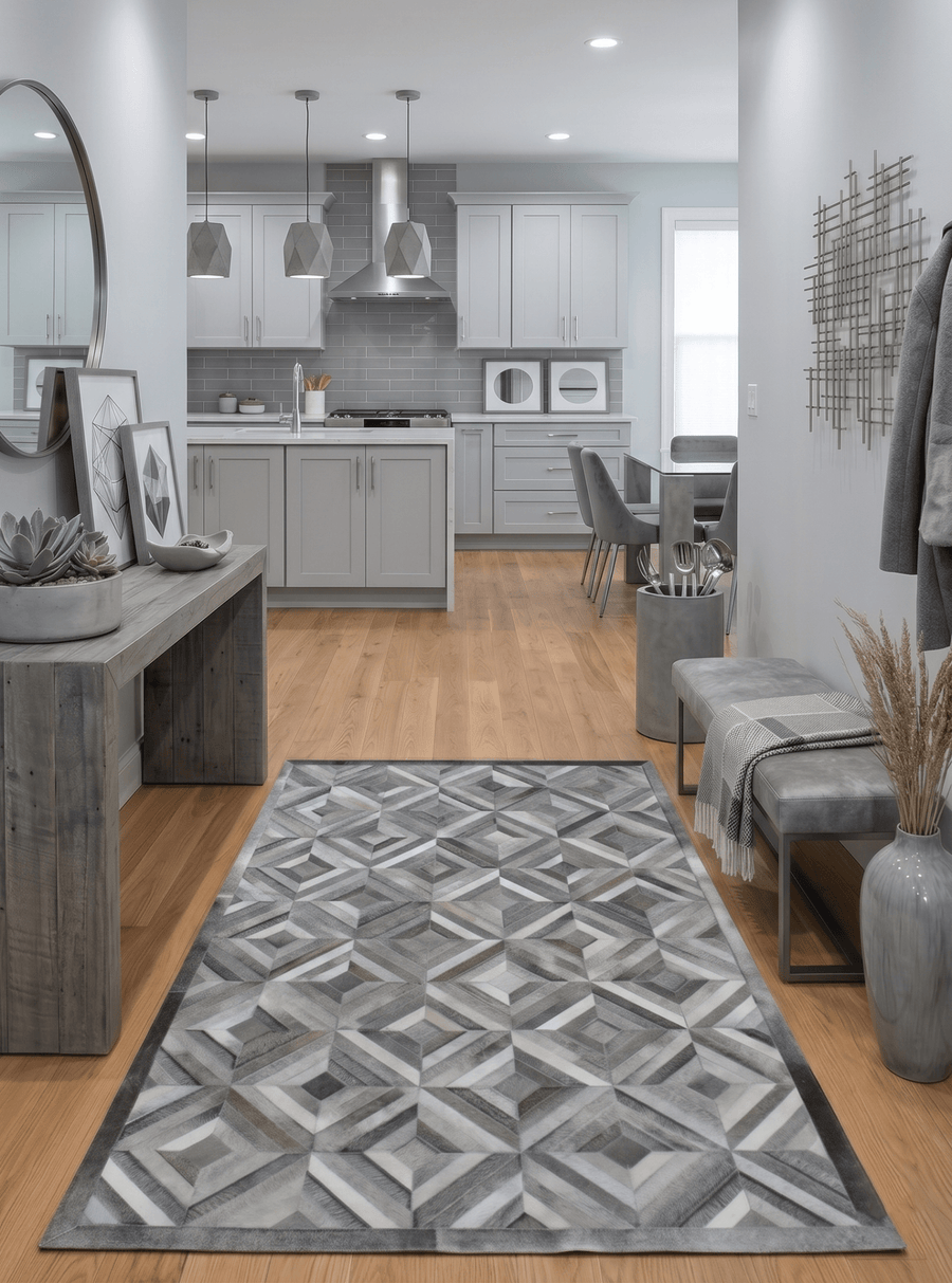Genuine Leather Geometrical Design Handmade Silver and Gray Area Rug - The Rug Decor