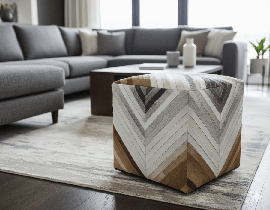 Genuine Leather Pouf Gray and Brown Modern Stripes Design - The Rug Decor