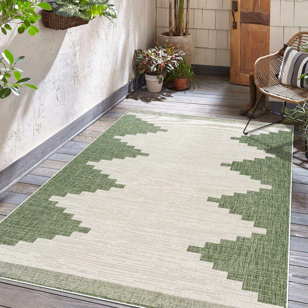 Geometrical Green and Ivory Indoor and Outdoor Multi Size Area Rug - The Rug Decor
