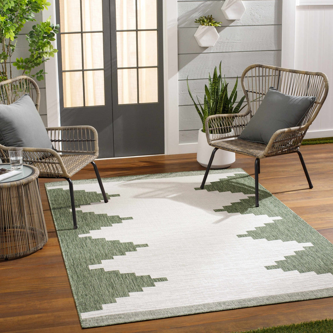 Geometrical Green and Ivory Indoor and Outdoor Multi Size Area Rug - The Rug Decor
