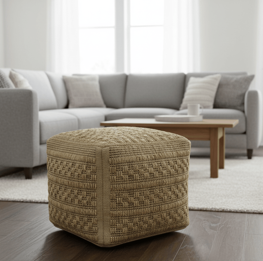 Geometrical Hand Woven Natural Brown and Black Textured jute Pouf - The Rug Decor