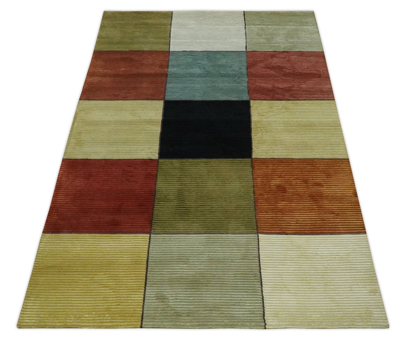 Geometrical Square Shape Black, Olive, Rust and Silver Stripes 5x8 wool and Art Silk rug - The Rug Decor