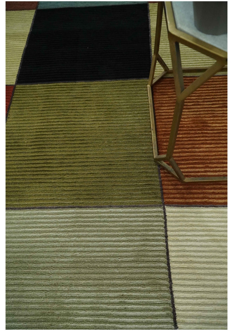 Geometrical Square Shape Black, Olive, Rust and Silver Stripes 5x8 wool and Art Silk rug - The Rug Decor