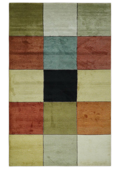 Geometrical Square Shape Black, Olive, Rust and Silver Stripes 5x8 wool and Art Silk rug - The Rug Decor