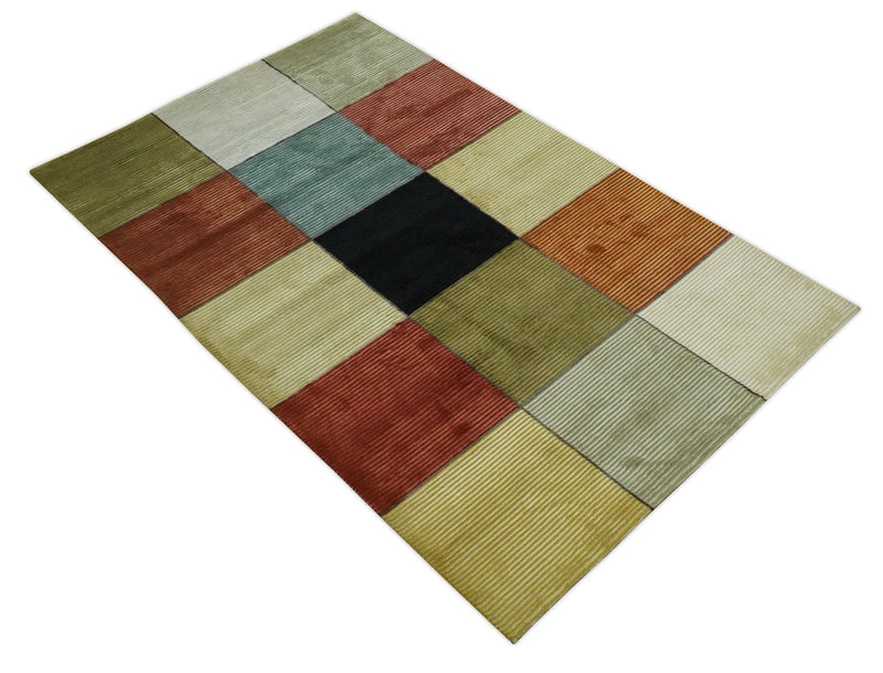 Geometrical Square Shape Black, Olive, Rust and Silver Stripes 5x8 wool and Art Silk rug - The Rug Decor