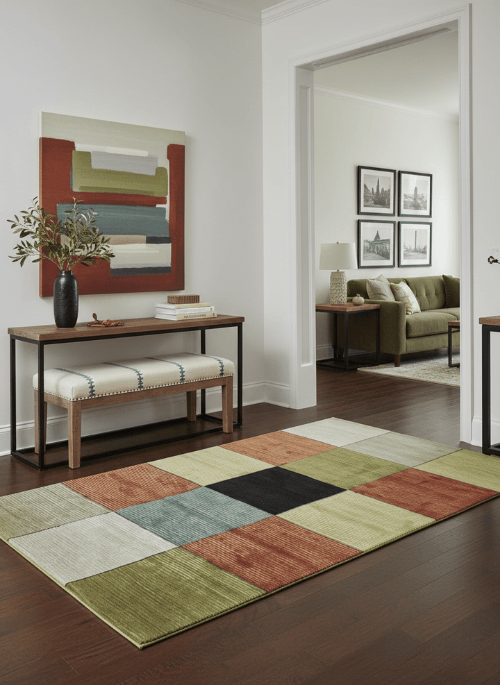 Geometrical Square Shape Black, Olive, Rust and Silver Stripes 5x8 wool and Art Silk rug - The Rug Decor