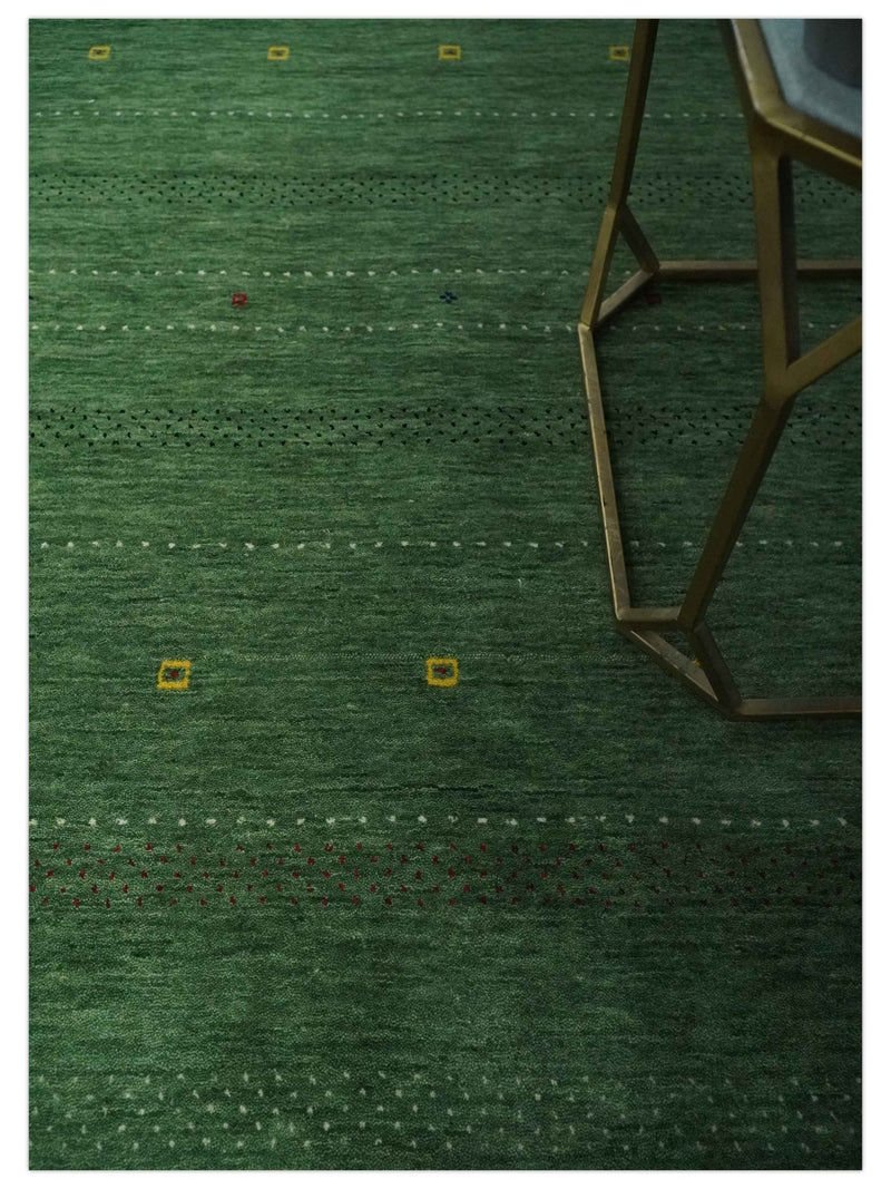 Geometrical Stripes Design Green, Ivory and Charcoal Hand loom 4.6x6.6 wool Area Rug - The Rug Decor