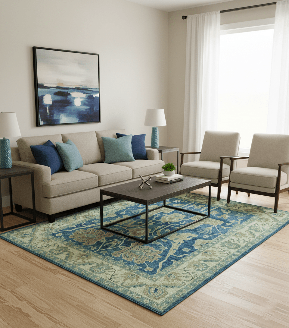 Georgia Custom Made Traditional Blue And Beige Hand Tufted Wool Rug - The Rug Decor
