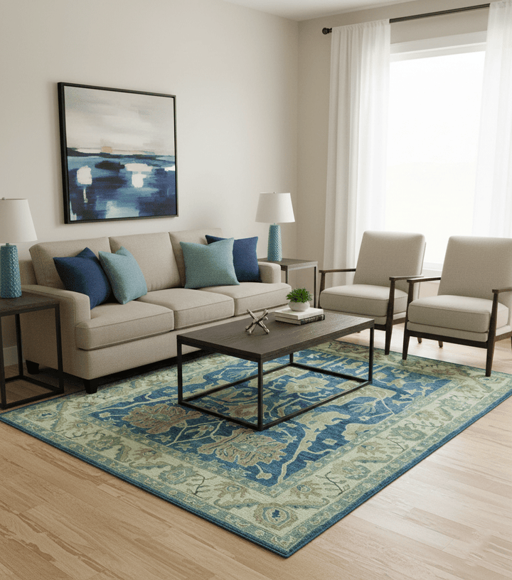 Georgia Custom Made Traditional Blue And Beige Hand Tufted Wool Rug - The Rug Decor