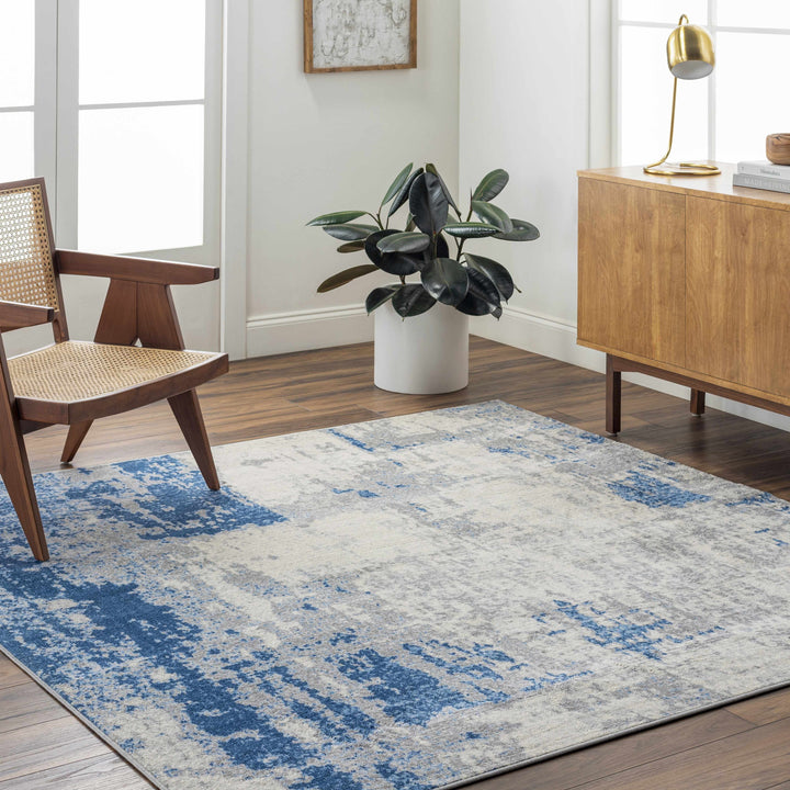 Gerton Ivory And Blue Modern Abstract Design Area Rug