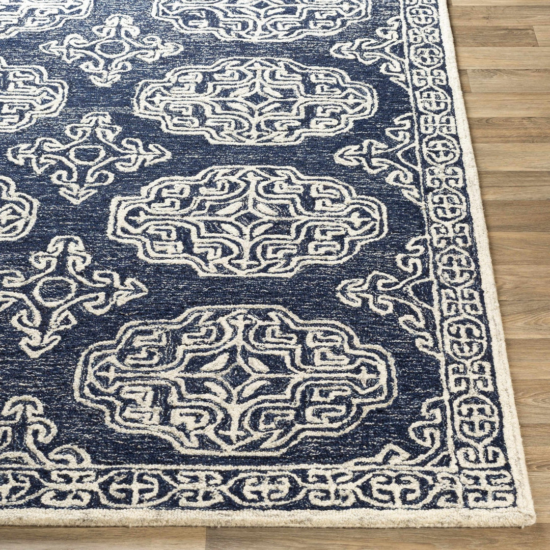 Glenoma Traditional Medallion Blue And Ivory Wool Rug - The Rug Decor