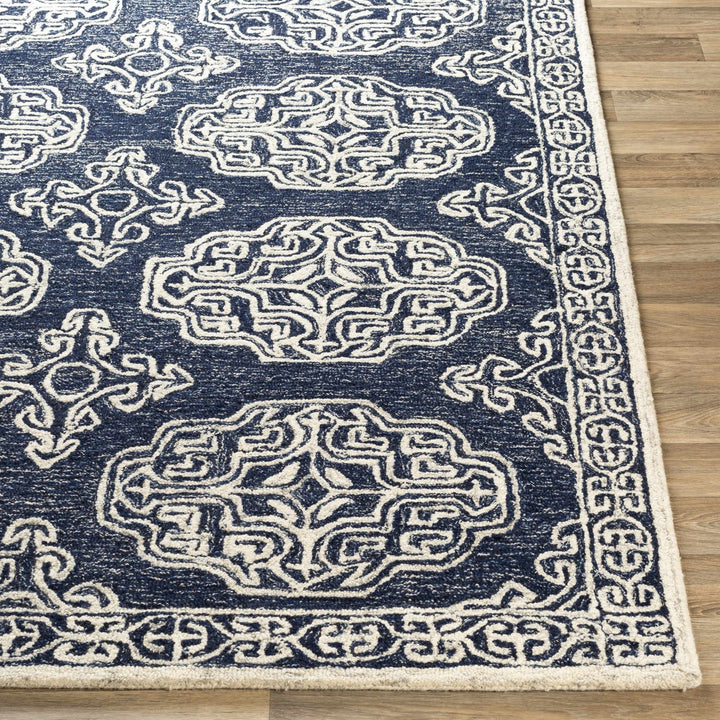 Glenoma Traditional Medallion Blue And Ivory Wool Rug - The Rug Decor