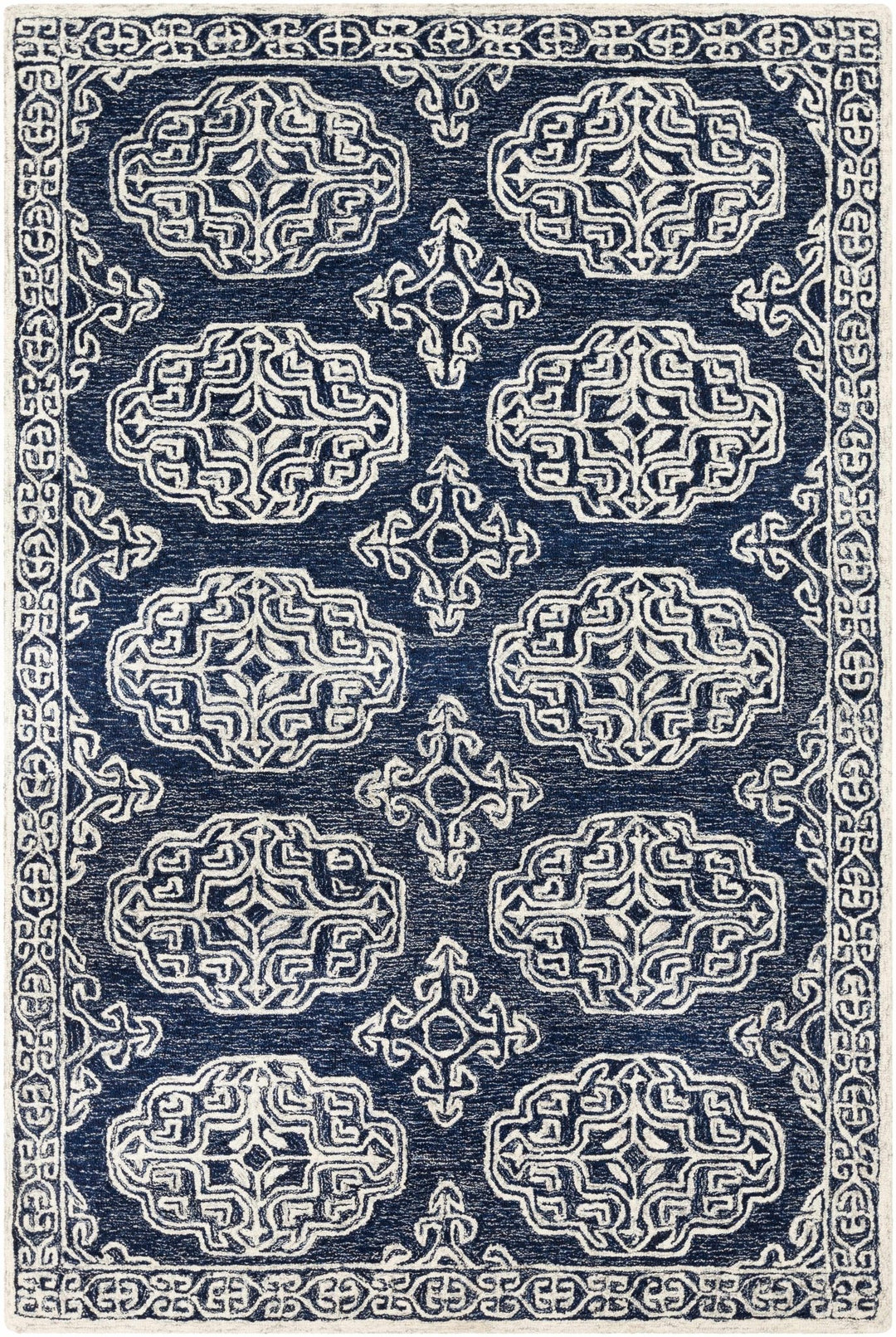 Glenoma Traditional Medallion Blue And Ivory Wool Rug - The Rug Decor