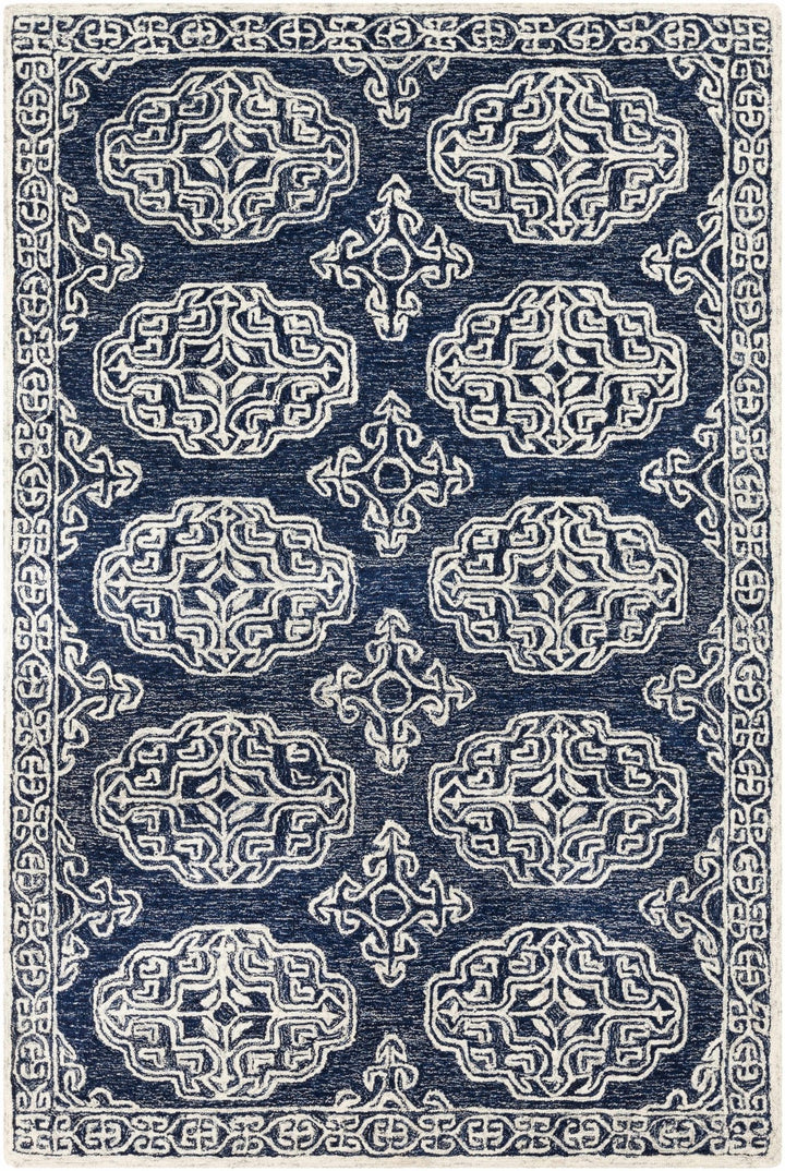 Glenoma Traditional Medallion Blue And Ivory Wool Rug - The Rug Decor