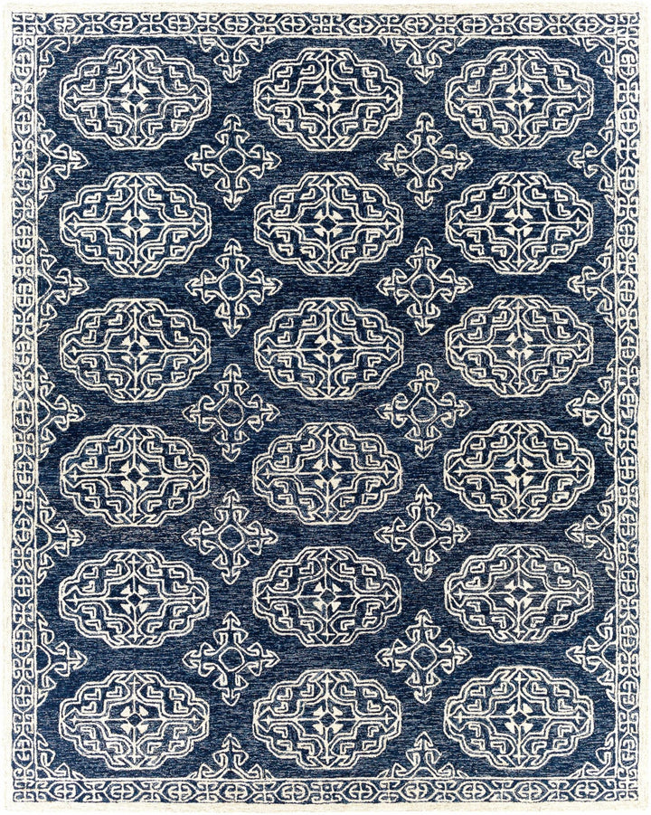 Glenoma Traditional Medallion Blue And Ivory Wool Rug - The Rug Decor