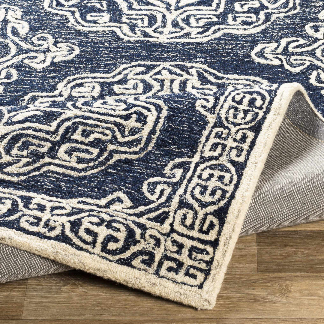 Glenoma Traditional Medallion Blue And Ivory Wool Rug - The Rug Decor