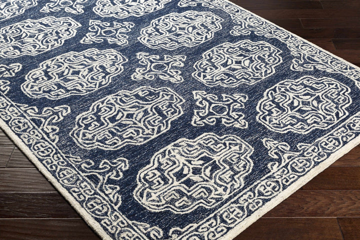 Glenoma Traditional Medallion Blue And Ivory Wool Rug - The Rug Decor
