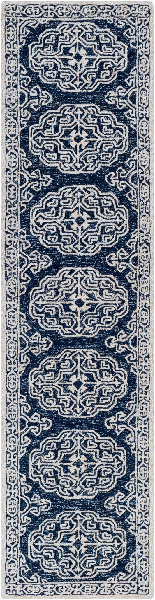 Glenoma Traditional Medallion Blue And Ivory Wool Rug - The Rug Decor