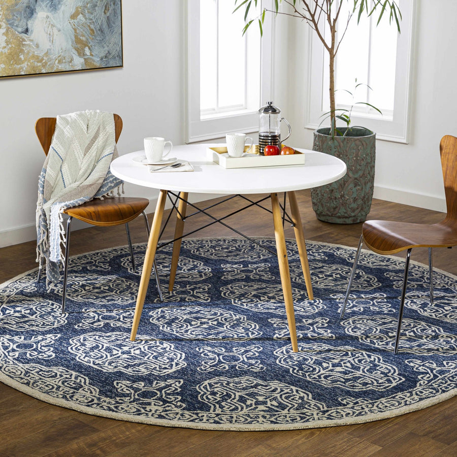 Glenoma Traditional Medallion Blue And Ivory Wool Rug - The Rug Decor