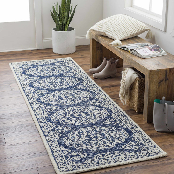 Glenoma Traditional Medallion Blue And Ivory Wool Rug - The Rug Decor