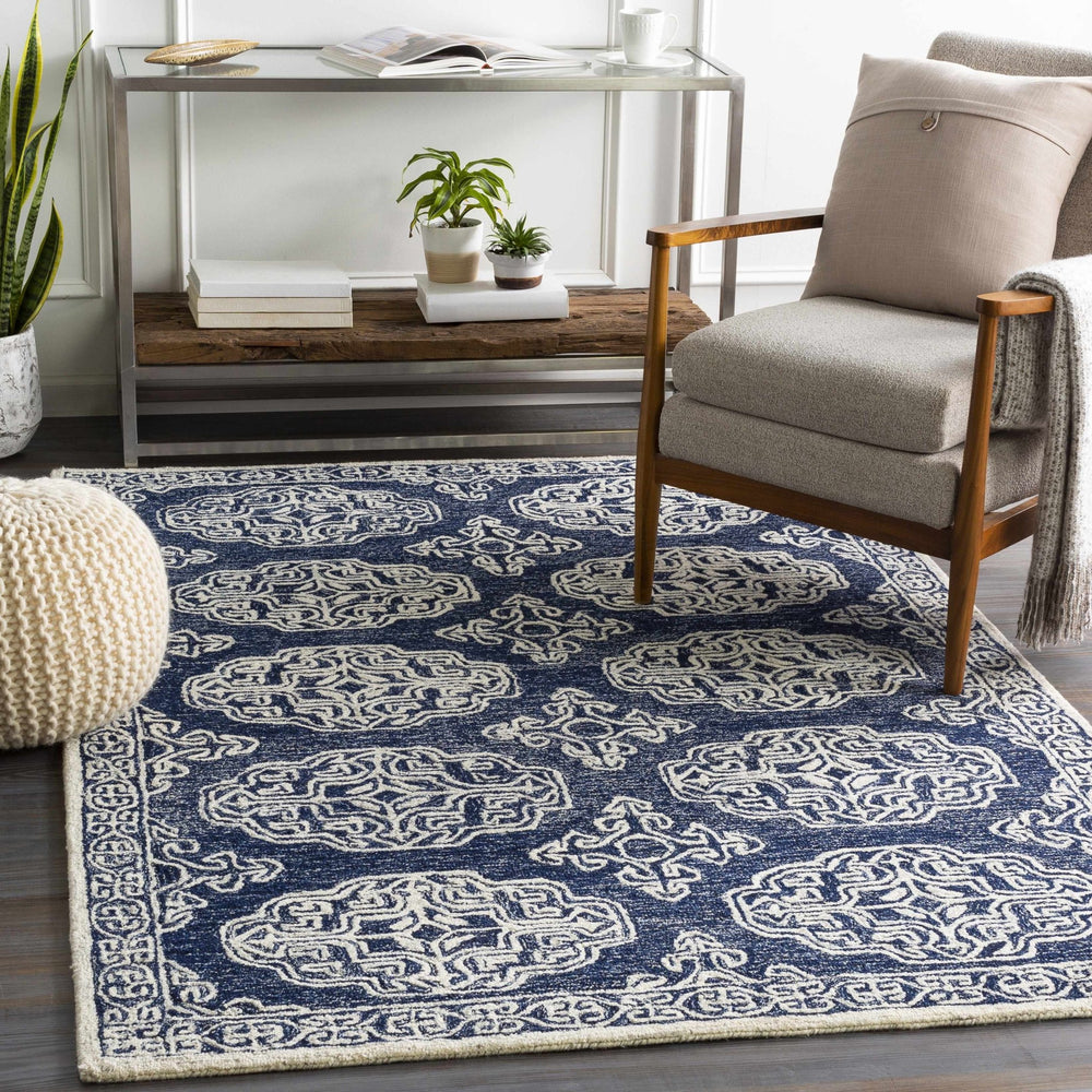 Glenoma Traditional Medallion Blue And Ivory Wool Rug - The Rug Decor