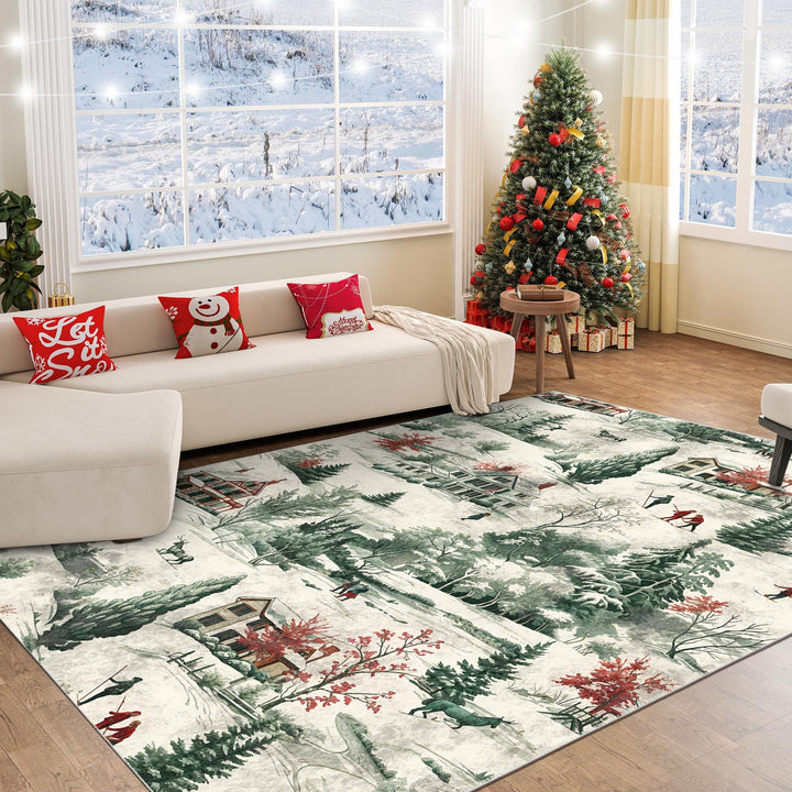 Glowmas Christmas Green Machine Washable Cotton Area Rug - The Rug Decor