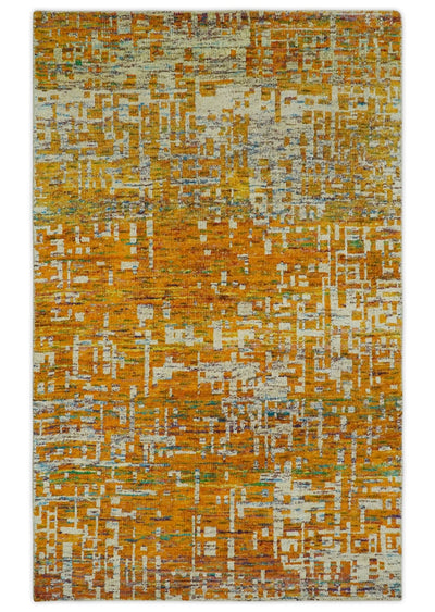 Gold and Ivory Modern Abstract 5x8 Hand Knotted Recycled Art Silk Area Rug - The Rug Decor