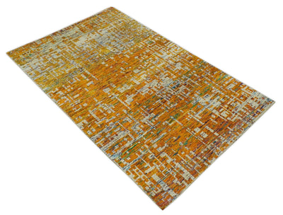 Gold and Ivory Modern Abstract 5x8 Hand Knotted Recycled Art Silk Area Rug - The Rug Decor