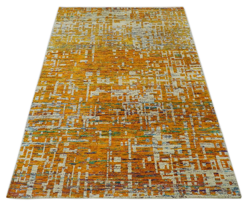 Gold and Ivory Modern Abstract 5x8 Hand Knotted Recycled Art Silk Area Rug - The Rug Decor